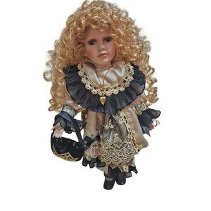 Vintage Porcelain Doll With Blonde Curls & Victorian-Style Outfit Lace Details G